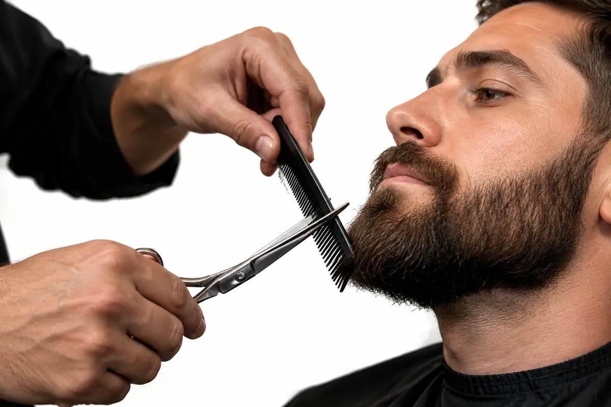 Barbero perfilando una barba con tijera y peine