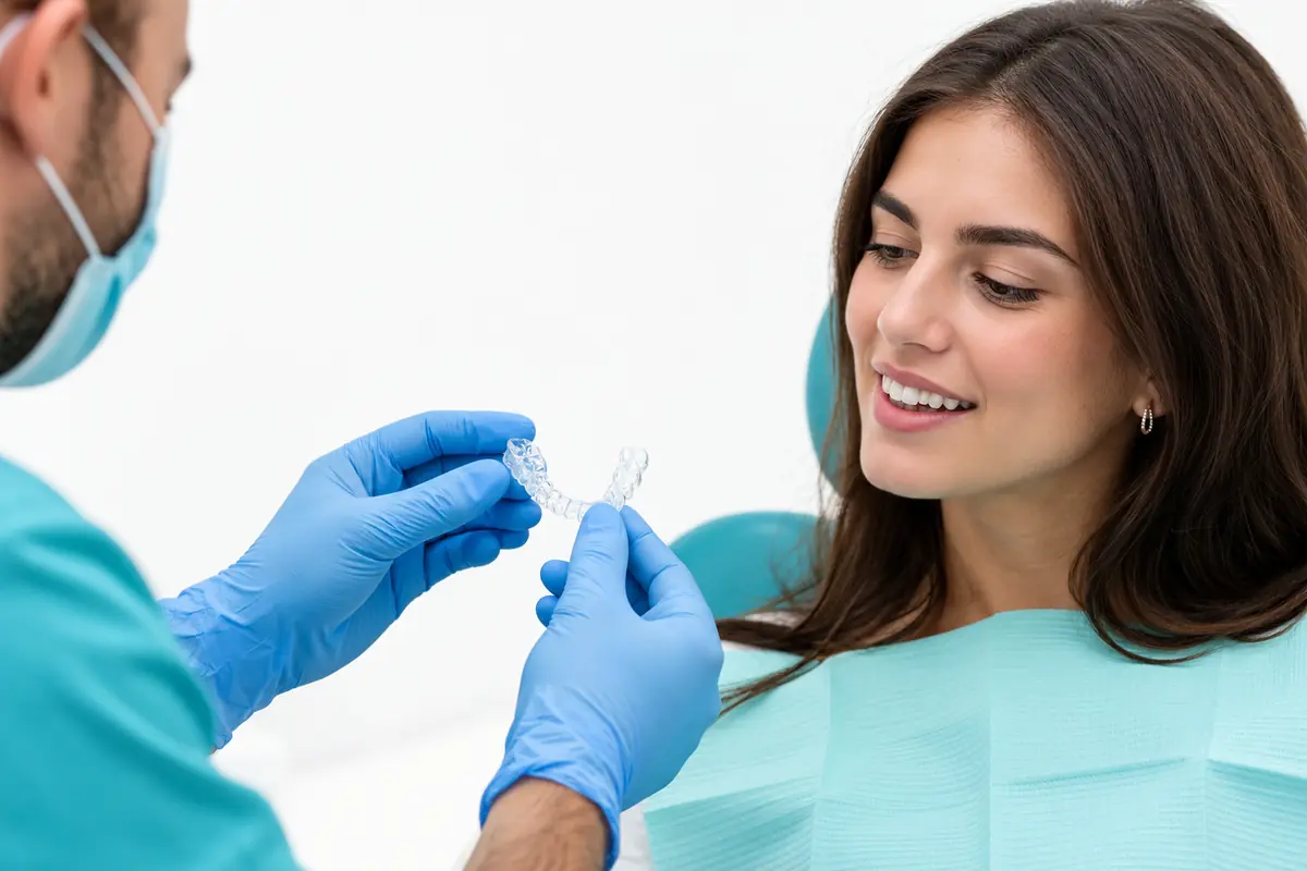 Dentista mostrando un alineador transparente a una paciente