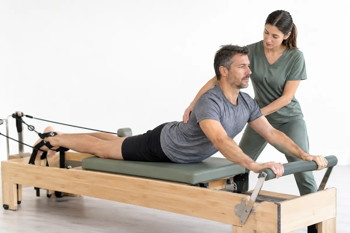 Fisioterapeuta guiando a un paciente en una máquina de pilates
